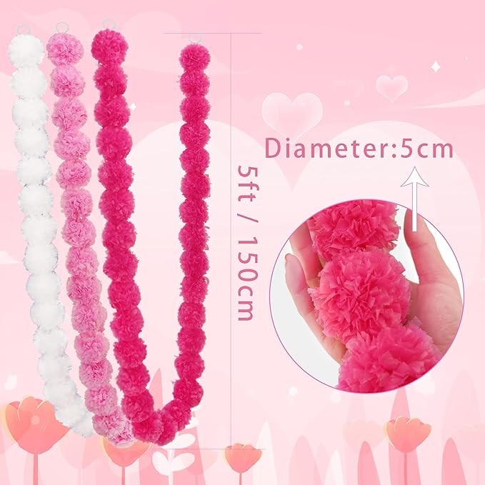 Greentime 6Pcs Artificial Garland 5FT for Party Garland Wedding Wreath Hanging Decoration Baby Shower Outdoor Supplies(White2+Light Pink2+Pink2)