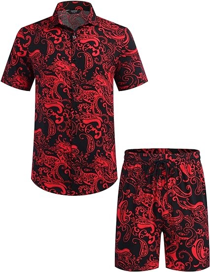 COOFANDY Men's Hawaiian 2-Piece Short Set Cruise Wear Short Sleeve Button Down Shirts and Shorts