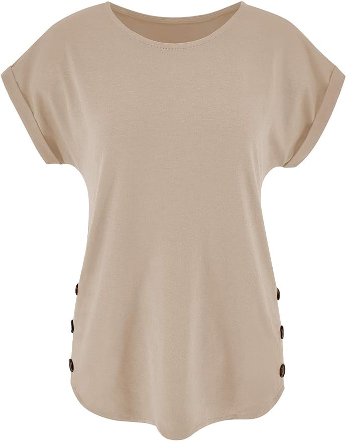 Limerose Women's Short Sleeve Tops Crew Neck Side Button Shirts Casual Loose Fit T-Shirt