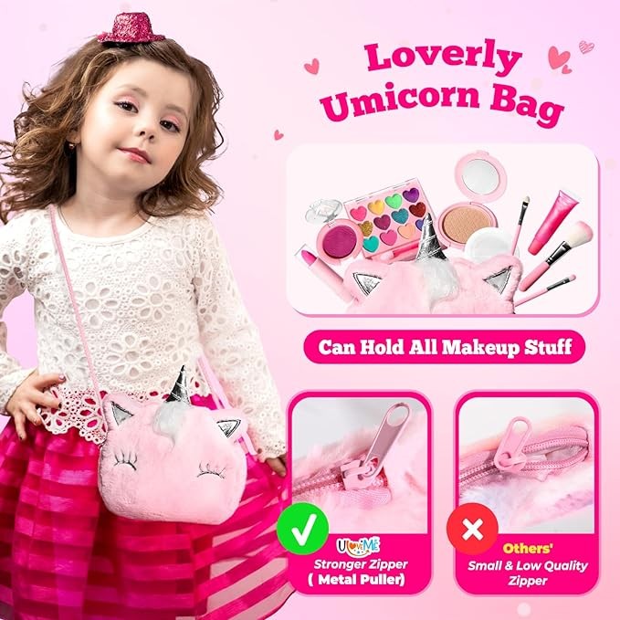 ULOVEME Kids Real Makeup Kit for Little Girls with Umicorn Bag - Real, Non Toxic, Washable Make Up Toy - Umicorn Toys Gift for 3 4 5 6 7 8 9 10 12 Years Old Girls Birthday