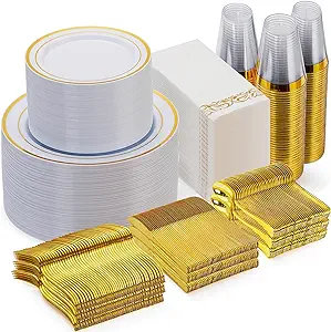 Goodluck 700 Piece Gold Dinnerware Set for 100 Guests, Disposable for Party, Include: 100 Gold Rim Dinner Plates, 100 Dessert Plates, 100 Paper Napkins, 100 Cups, 100 Gold Plastic Silverware Set