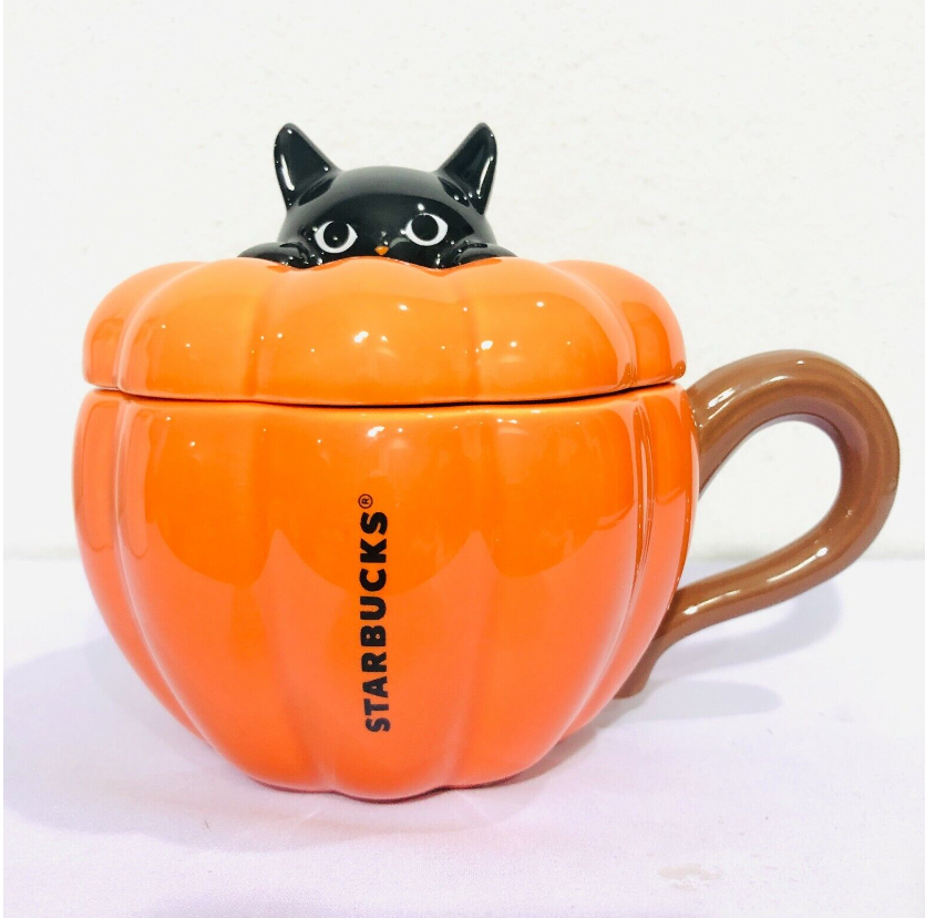 Starbucks Ceramic Mug Halloween Pumpkin 12oz.Lid Black Cat