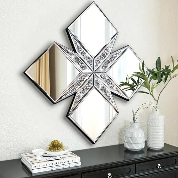VOHJD Crushed Diamond Decorative Mirror 22.25x22.25� Diamond Shape Glass Wall Mirror for Home Decoration, Exquisite Accent Wall Decor