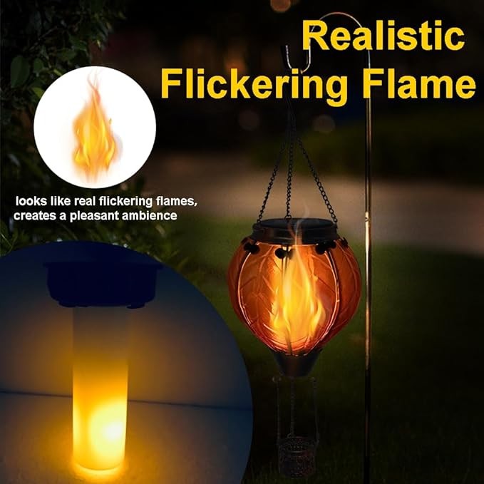 OUISJYER 2PC Hot Air Balloon Solar Lantern, Flickering Flame Hanging Solar Lanterns Outdoor Lights Waterproof Lanterns Decorative Garden Patio Yard Party Decor with 2PC Shepherd Hook Green