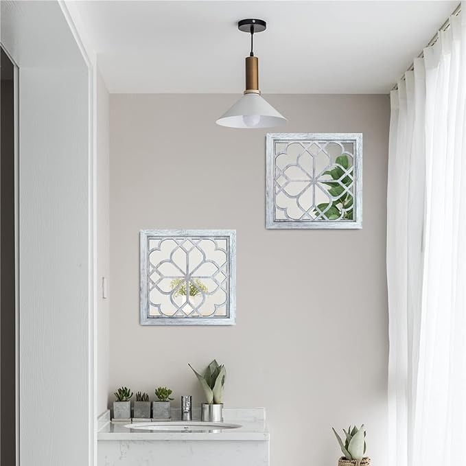Wocred 2 PCS Square Wall Mirror,Gorgeous Rustic Farmhouse Accent Mirror,Rustic White Color Entry Mirror for Bathroom Renovation,Bedrooms,Living Rooms and More(12�x12�)