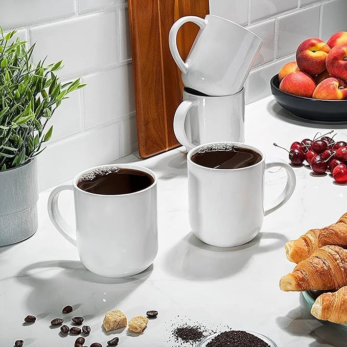 Francois et Mimi, Set of 6 Large 16 Ounce Ceramic Coffee Mugs (White and Blue)