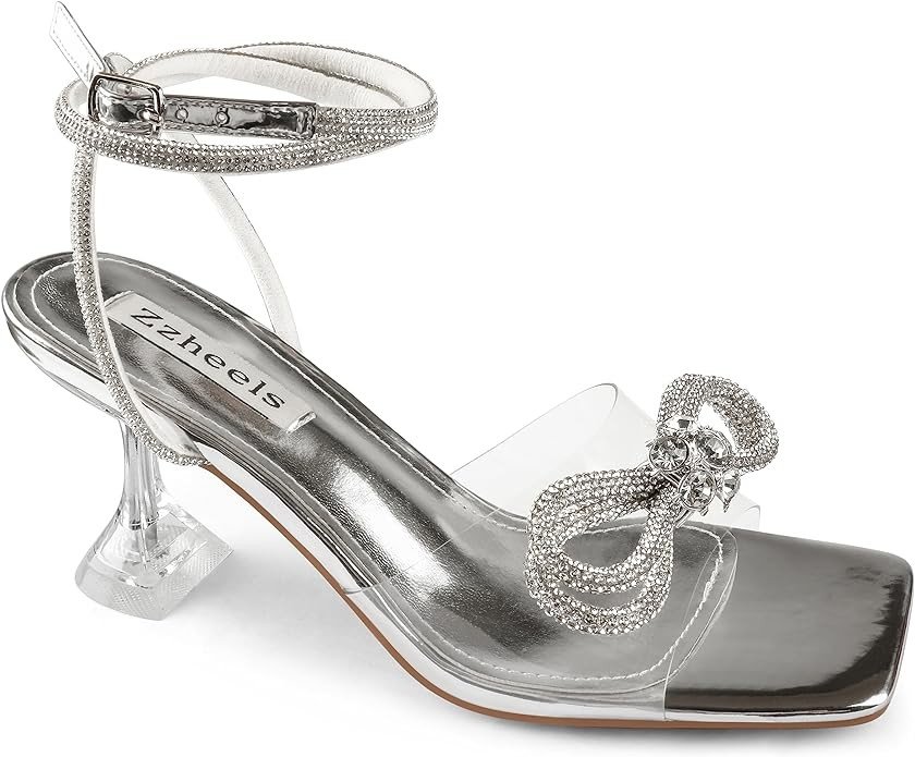 Zzheels Double Bowknots Crystal Sandals Clear Slingback Heels Square Toe Shoes for Party Wedding