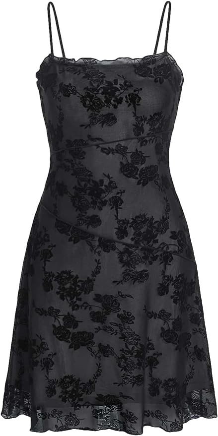 Verdusa Women's Lettuce Trim Floral Print Mesh Sleeveless A Line Short Cami Dress