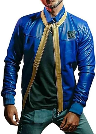 LP-FACON Vault Residents 76 Faux Leather jacket-Patchwork Blue Leather Jacket Gaming Cosplay