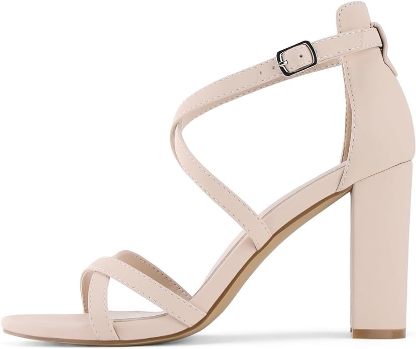 Shoe'N Tale Chunky Block High Strappy Heels for Women Pump Heeled Sandals Open Toe Ankle Strap Buckle Party Wedding Prom Dress Shoes