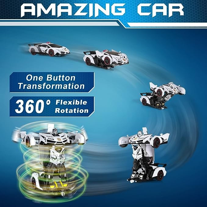 FDJ Remote Control Car - Transform , One Button Deformation to Robot with Flashing Light, 2.4Ghz 1:18 Scale Transforming Police Boys Kids Toys Gift with 360 Degree Rotating Drifting