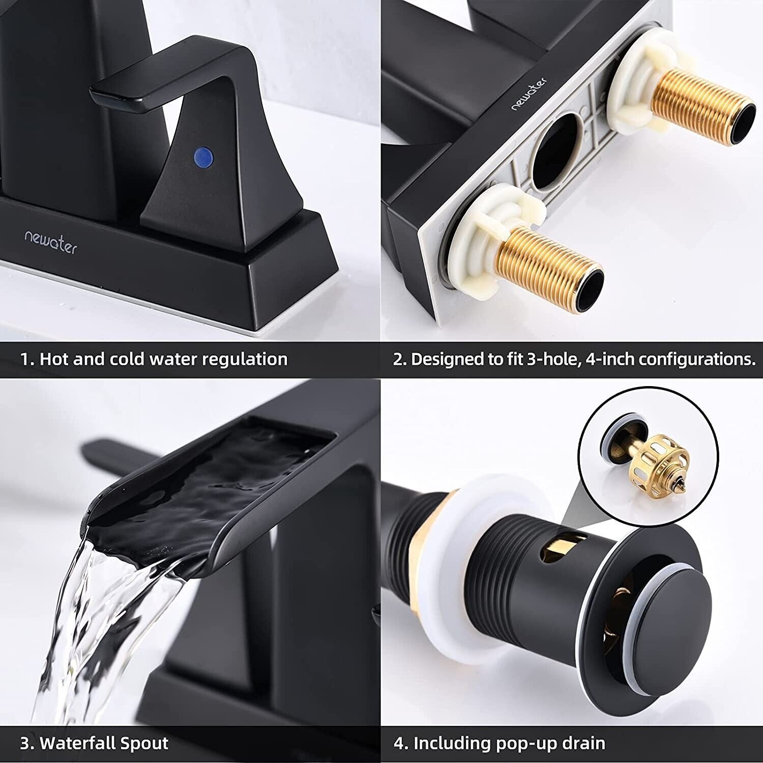 4 inch Centerset Bathroom faucet Matte Black 2-handle 3 Hole Basin Sink Mixer