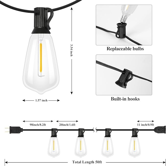 Brightever 50FT Outdoor String Lights Waterproof, 2700K Bright LED Patio Lights with 27 ST38 Shatterproof Vintage Bulbs, Retro Connectable Edison String Lights for Outside, Garden, Balcony, Porch