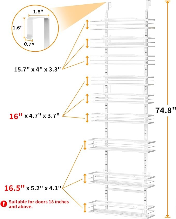 Moforoco White 9-Tier Over The Door Pantry Organizer, Pantry Organization And Storage, Metal Hanging Spice Rack Shelves Door, Home & Kitchen Essentials, Laundry Room Bathroom Organization