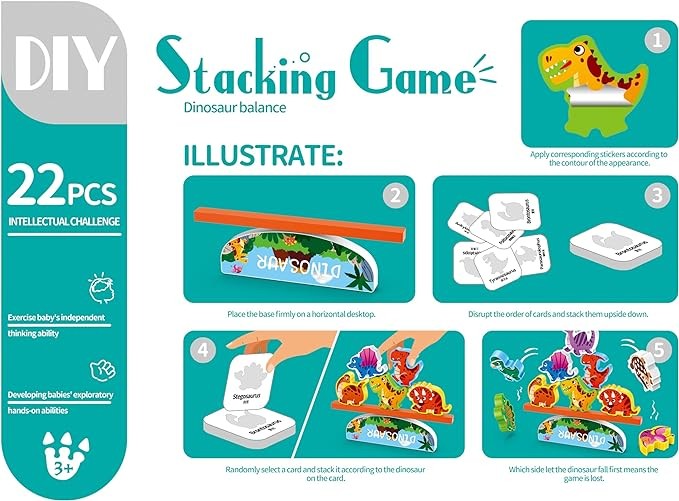 JAQI Stacking Game Dinosaur Balance Toys Montessori Toddlers Learning Alphabet Word Christmas Birthday Gifts Toys for Boys Kids Girls