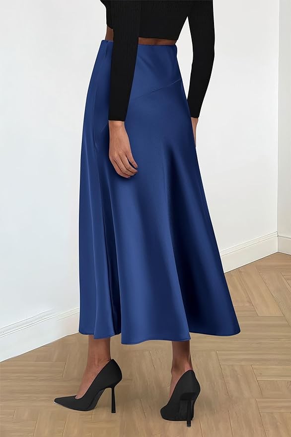 Pretty Garden Womens Midi Skirts Summer High Waisted Ruffle A Line Satin Mermaid Skirt