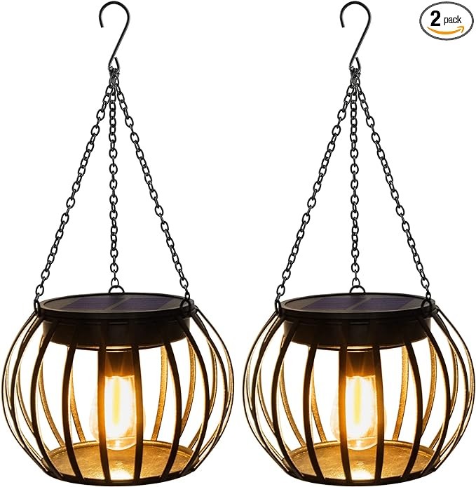 Sunklly Hanging Solar Lanterns, Retro Metal Outdoor Waterproof Wireless Hanging Solar Lights with Tungsten Light Bulb Halloween Christmas Decoration for Garden Yard Patio Pathway(2 Pcs)