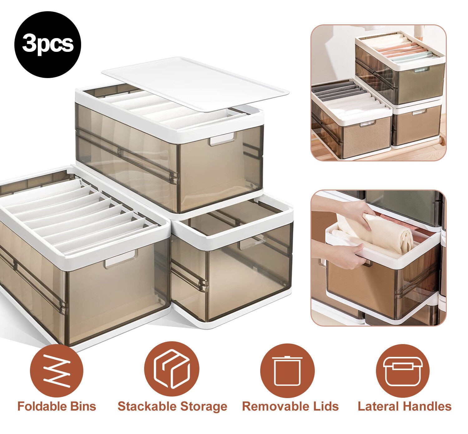 3 Packs Collapsible Storage Bins Wardrobe Closet Organizer Container With Lid