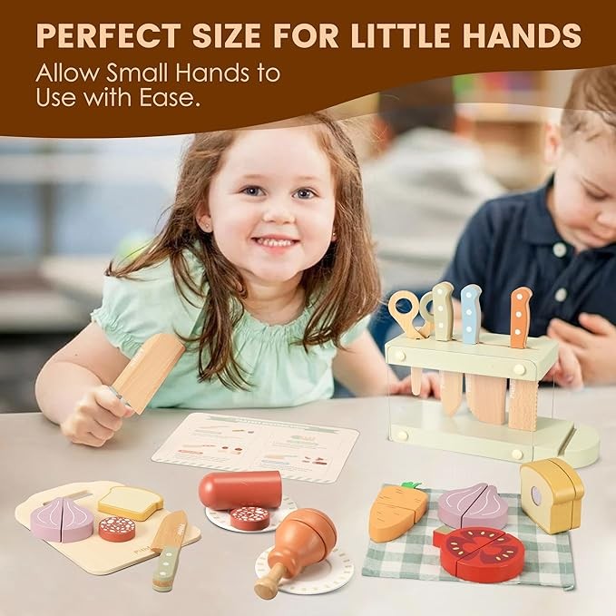 Pithfor Play Knife Set, Play Kitchen Accessories, Wooden Pretend Play Food Set Toys for Kids Toddlers, Gifts for 2 3 4 Years Old Girls Boys