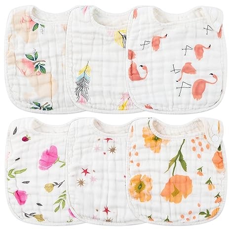 Zainpe 6Pcs Snap Muslin Cotton Bibs for Baby Flamingo Star Flower, Machine Washable Adjustable Burp Cloths with 6 Absorbent Soft Layers for Infant Newborn Toddler Drooling Feeding and Teething