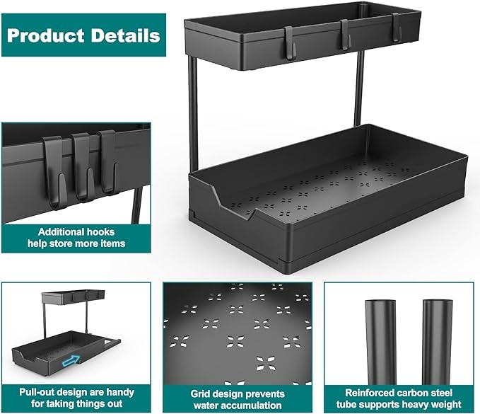 2-Tier Under Sink Organizers, 2 Pack Sliding L-shape Cabinet Organizers Narrow Space Storage Multi-purpose Sink Organizer for Bathroom Kitchen Drawer(Black 2 )