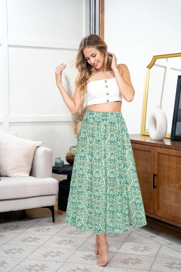 Kate Kasin Women's 2024 Boho Floral Maxi Skirt Elastic High Waisted Casual A Line Slit Long Swing Flowy Skirts with Pockets