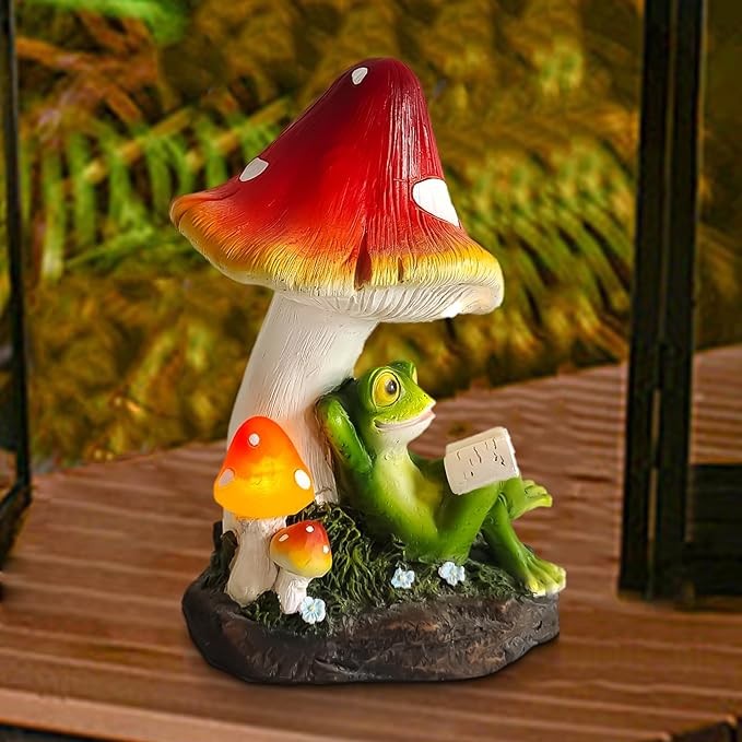 AOC Solar Outdoor Garden Statue, Resin Mushroom Frog Reding Book Sculpture with LED Figurine Lights for Patio Yard Decor, Spring Home Garden Decor