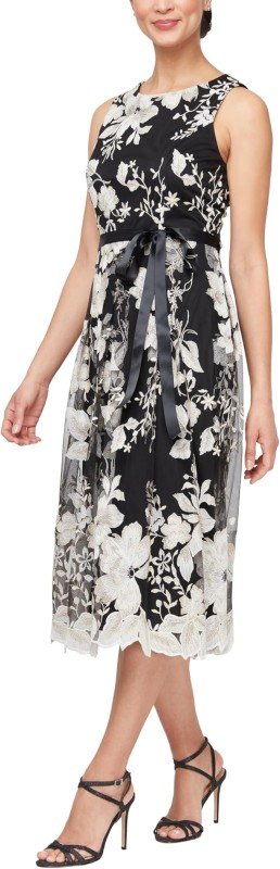 Alex Evenings Women's Sleeveless Midi Dress with Elegant Embroidery, Full Skirt and Tie Belt (Petite and Regular Sizes)