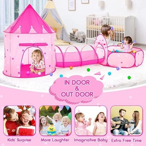 PigPigPen 3pc Kids Play Tent for Girls with Ball Pit, Crawl Tunnel, Princess Ten
