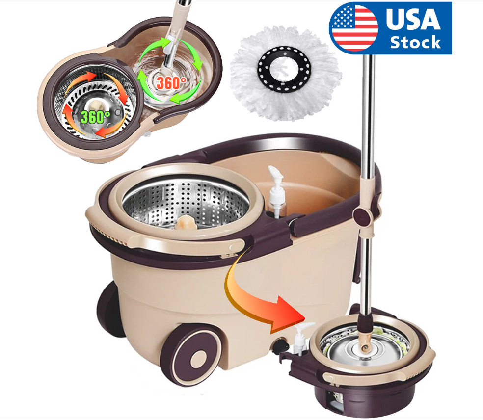 US 360° Rotating Floor Mop Bucket Set wheel with 2 Microfiber Head Cleaning Tool