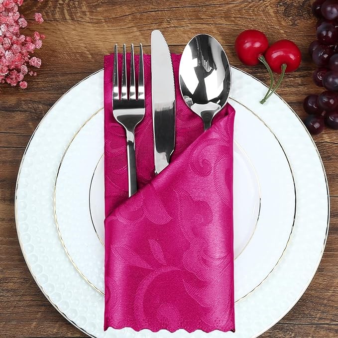 Eychei 24 Pack Hot Pink Satin Napkins 17 x 17 Inch Damask Napkins, Silky Soft Jacquard Cloth Napkin Set of 24, Square Table Napkins Fabric Dinner Napkins for Wedding Banquet Party Decoration