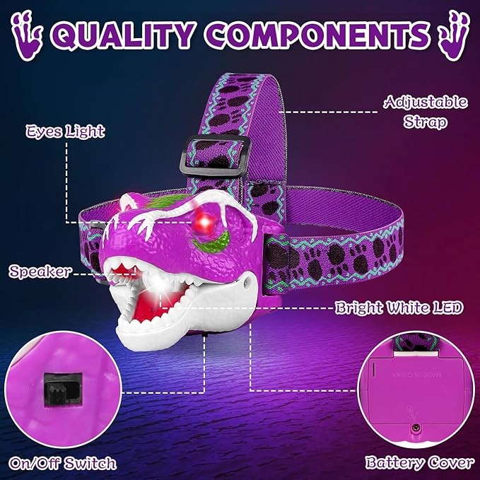 HLDYA Dinosaur LED Headlamp for Kids T-Rex Toy Kids Flashlights - Dinosaur Toys for Boys Girls Toddlers Camping Gear Outdoor Toys for Kids Birthday Halloween Stocking Stuffers Purple